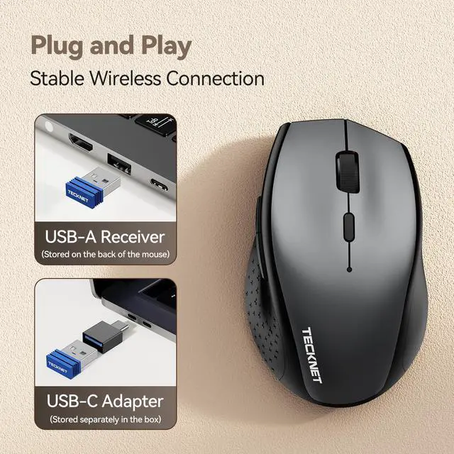 Alt view image 4 of 7 - TECKNET Wireless Mouse Jiggler, USB-C Rechargeable Mouse, Silent Mouse with USB-C Adapter, 6400 DPI Ergonomic Mouse, Build-in Mouse Mover, 2.4G Computer Mice for Mac, Laptop, Desktop, PC