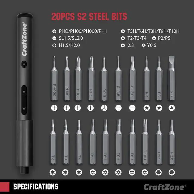 Alt view image 2 of 7 - CRAFTZONE Ultra Mini Electric Screwdriver, Max 0.5N.m, Power Screwdriver with20 S2 Steel Bits, 5/32'' Hex with LED Light, Magnetic Storage, Repair Tool for Electronics, Camera, Laptop(Grey)