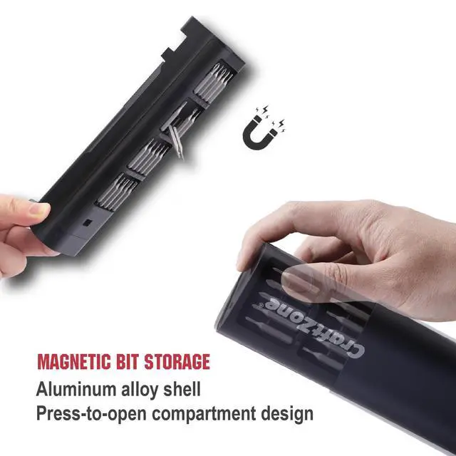 Alt view image 3 of 7 - CRAFTZONE Ultra Mini Electric Screwdriver, Max 0.5N.m, Power Screwdriver with20 S2 Steel Bits, 5/32'' Hex with LED Light, Magnetic Storage, Repair Tool for Electronics, Camera, Laptop(Grey)