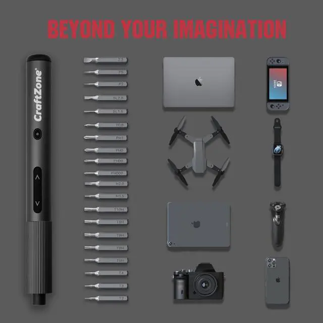 Alt view image 6 of 7 - CRAFTZONE Ultra Mini Electric Screwdriver, Max 0.5N.m, Power Screwdriver with20 S2 Steel Bits, 5/32'' Hex with LED Light, Magnetic Storage, Repair Tool for Electronics, Camera, Laptop(Grey)