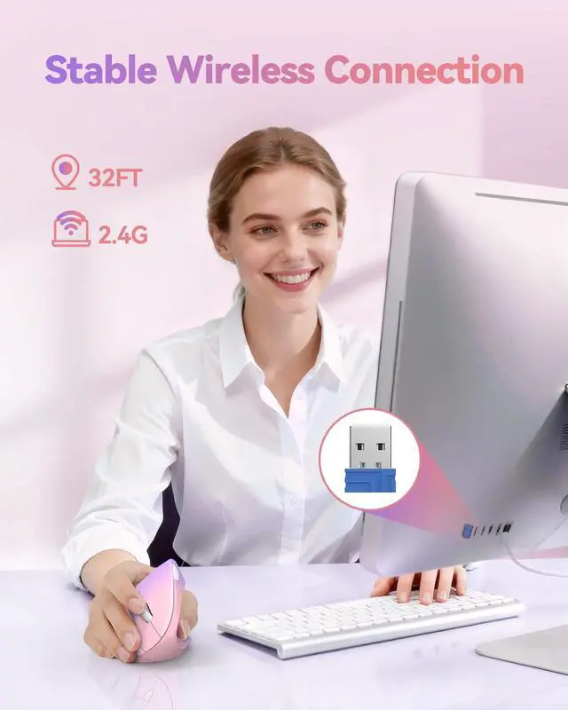 Alt view image 2 of 7 - TECKNET 2.4G Ergonomic Mouse Vertical Wireless - 4800 DPI Optical Carpal Tunnel Mice Right Hand, 4800 DPI Adjustable, Quiet Clicks, 6 Buttons for Laptop, Desktop, PC, Computer - Pink Purple