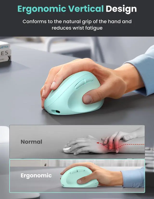 Alt view image 2 of 7 - TECKNET Ergonomic Mouse, Bluetooth Wireless Vertical Mouse, Rechargeable Battery, Quiet Clicks, 4800 DPI Adjustable, BT5.0/3.0 & 2.4G Connect, Easy to use, Wide Compatibility