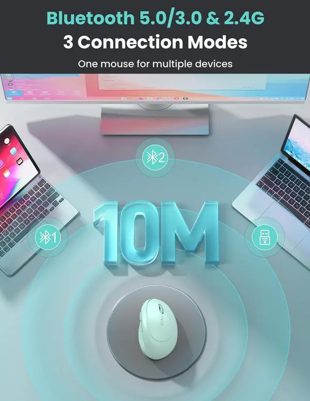 Alt view image 3 of 7 - TECKNET Ergonomic Mouse, Bluetooth Wireless Vertical Mouse, Rechargeable Battery, Quiet Clicks, 4800 DPI Adjustable, BT5.0/3.0 & 2.4G Connect, Easy to use, Wide Compatibility