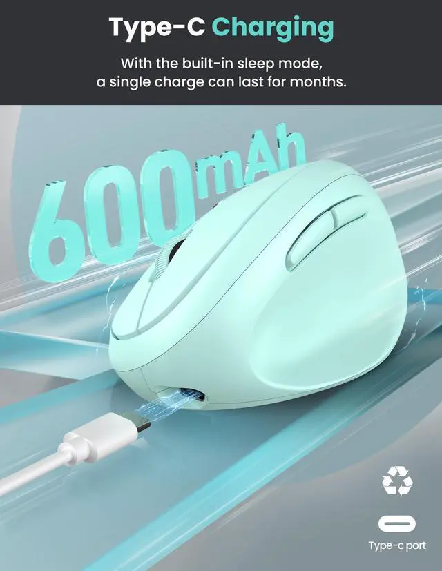 Alt view image 5 of 7 - TECKNET Ergonomic Mouse, Bluetooth Wireless Vertical Mouse, Rechargeable Battery, Quiet Clicks, 4800 DPI Adjustable, BT5.0/3.0 & 2.4G Connect, Easy to use, Wide Compatibility