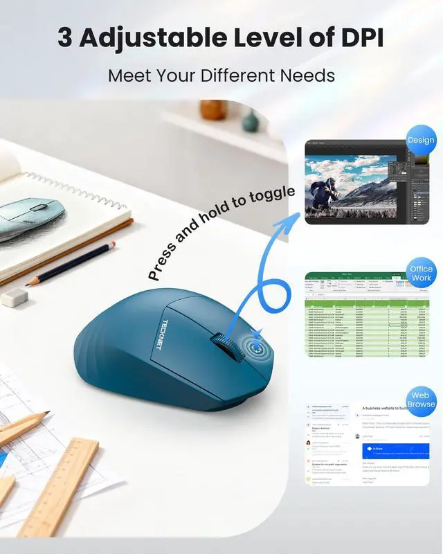 Alt view image 3 of 7 - TECKNET Wireless Mouse, 2.4GHz Computer Mouse, 3 Adjustable DPI Silent Mouse with USB A Receiver, 3 Buttons, 24 Months Battery Life, Ergonomic Wireless Mouse for Laptop, PC, Mac, Desktop-Blue