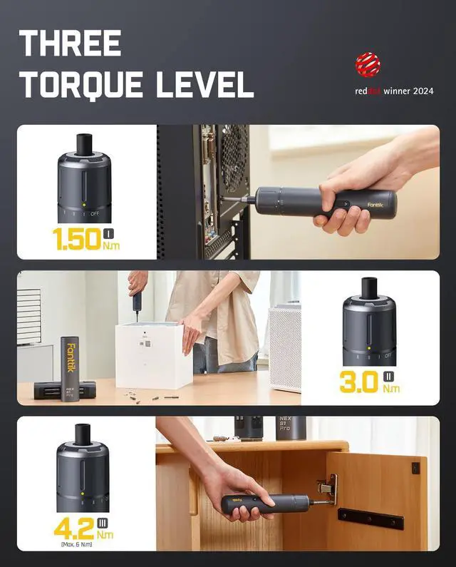 Alt view image 3 of 7 - Fanttik S1 Pro Electric Screwdriver, Power Screwdriver with16 S2 Steel Bits, 3 Torque Settings, Max 6 N.m, 2000mAh Battery, LED Light & 1/4''Hex, Ideal Tool for Furniture & Gaming PC