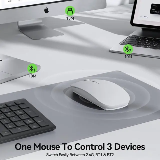 Alt view image 2 of 7 - TECKNET Bluetooth Wireless Mouse, Rechargeable Silent Portable Computer Mouse, 6 Adjustable DPI, Dual Mode (Bluetooth 5.2/3.0 and 2.4G USB Receiver) for Laptop, iPad, MacBook, PC, Desktop, Android