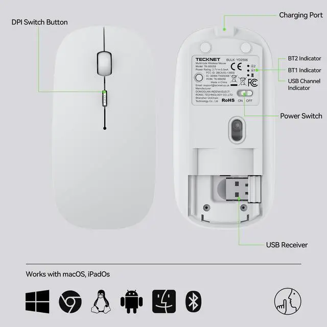 Alt view image 7 of 7 - TECKNET Bluetooth Wireless Mouse, Rechargeable Silent Portable Computer Mouse, 6 Adjustable DPI, Dual Mode (Bluetooth 5.2/3.0 and 2.4G USB Receiver) for Laptop, iPad, MacBook, PC, Desktop, Android