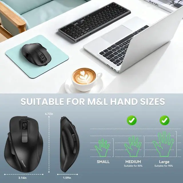 Alt view image 7 of 7 - TECKNET Wireless Mouse, Bluetooth Mouse (BT5.0/3.0 & 2.4G) Rechargeable 4800 DPI Silent Mice, Computer Mice with USB A Receiver,Ergonomic Grips Optical Cordless Mice for Laptop/Mac/PC,Black