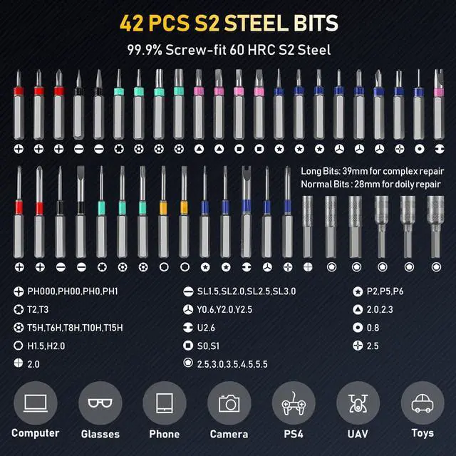 Alt view image 4 of 7 - Small screwdriver set,71 in 1 electric screwdriver cordless with LED light,5 torque settings,MAX 0.6Nm,42 magnetic bit set,Crowbar and tweezers,Pc multi tool kit,Laptop,Phone repair kit