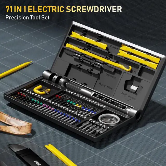 Alt view image 7 of 7 - Small screwdriver set,71 in 1 electric screwdriver cordless with LED light,5 torque settings,MAX 0.6Nm,42 magnetic bit set,Crowbar and tweezers,Pc multi tool kit,Laptop,Phone repair kit