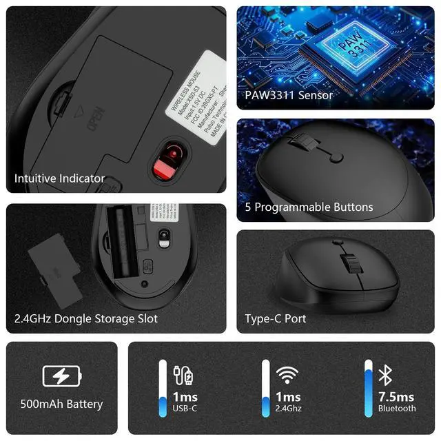 Alt view image 4 of 7 - Wireless Mouse for Laptop,2.4GHz Computer Mouse with USB A Receiver,4 Buttons Bluetooth Mice Gaming Mice Silent Ergonomic Cordless 1200/1600/2400 DPI for Chromebook PC Laptop MacBook iPad Windows Dell