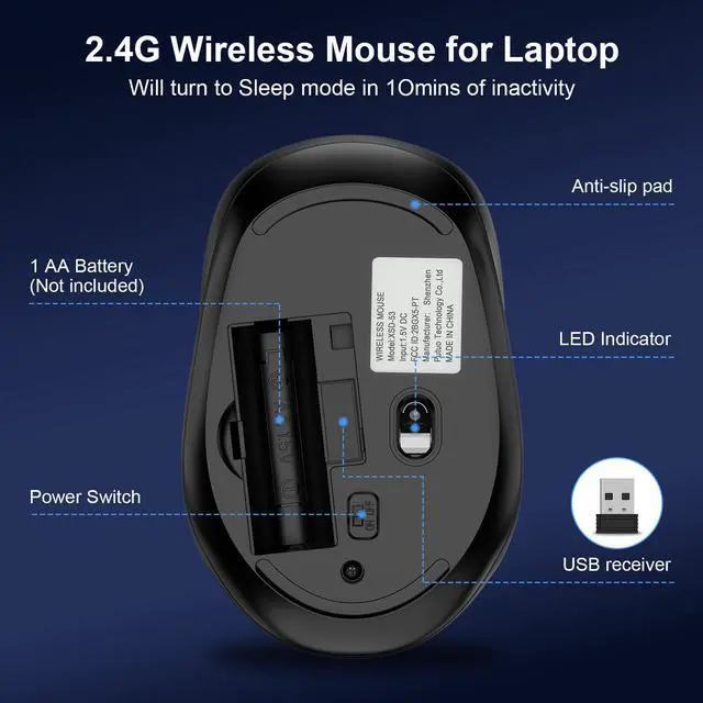 Alt view image 5 of 7 - Wireless Mouse for Laptop,2.4GHz Computer Mouse with USB A Receiver,4 Buttons Bluetooth Mice Gaming Mice Silent Ergonomic Cordless 1200/1600/2400 DPI for Chromebook PC Laptop MacBook iPad Windows Dell