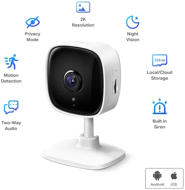 Alt view image 3 of 7 - 2K Indoor Security Camera, Baby Monitor, Dog Camera, Wired, C110 Motion Detection, 2-Way Audio Siren, Night Vision, Cloud & SD Card Storage(Up to 512GB), Works w/Alexa & Google Assistant