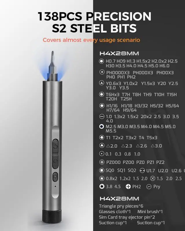 Alt view image 3 of 7 - VMAN Electric Screwdriver Kit, 138 in 1 Precision Electric Screwdriver, 120 S2 Metal Magnetic Bits, LED Light, 3.7V Rated Voltage, Repair Tool Kit for Phone Watch Camera Laptop PC,Grey