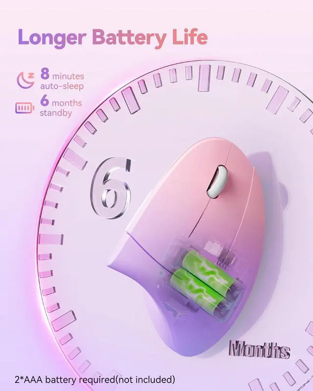 Alt view image 3 of 7 - TECKNET 2.4G Ergonomic Mouse Vertical Wireless - 4800 DPI Optical Carpal Tunnel Mice Right Hand, 4800 DPI Adjustable, Quiet Clicks, 6 Buttons for Laptop, Desktop, PC, Computer - Pink Purple