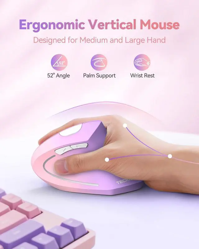 Alt view image 5 of 7 - TECKNET 2.4G Ergonomic Mouse Vertical Wireless - 4800 DPI Optical Carpal Tunnel Mice Right Hand, 4800 DPI Adjustable, Quiet Clicks, 6 Buttons for Laptop, Desktop, PC, Computer - Pink Purple