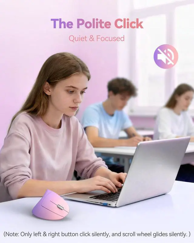 Alt view image 7 of 7 - TECKNET 2.4G Ergonomic Mouse Vertical Wireless - 4800 DPI Optical Carpal Tunnel Mice Right Hand, 4800 DPI Adjustable, Quiet Clicks, 6 Buttons for Laptop, Desktop, PC, Computer - Pink Purple