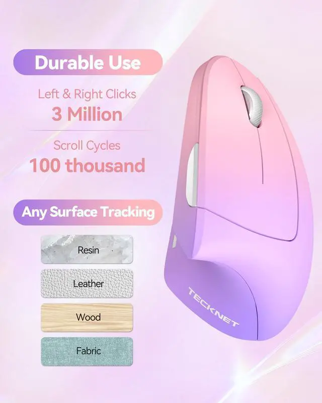 Alt view image 6 of 7 - TECKNET 2.4G Ergonomic Mouse Vertical Wireless - 4800 DPI Optical Carpal Tunnel Mice Right Hand, 4800 DPI Adjustable, Quiet Clicks, 6 Buttons for Laptop, Desktop, PC, Computer - Pink Purple