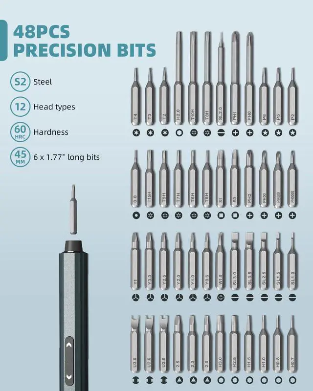Alt view image 3 of 7 - Mini Electric Screwdriver with Display, Precision Electric Screwdriver with 5 Torque Settings, 48pcs S2 Magnetic Bits, LED Light,Electric Screwdriver Cordless for Electronics Phone Camera Laptop Watch