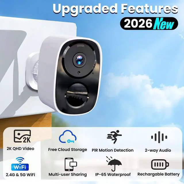 Alt view image 2 of 7 - 2026 Upgraded 2K Security Cameras Wireless Outdoor, Free Cloud Storage, 1-6 Months Battery Life, Waterproof, 2-Way Talk, AI Motion Detection Spotlight Siren Alarm Cameras for Home Security