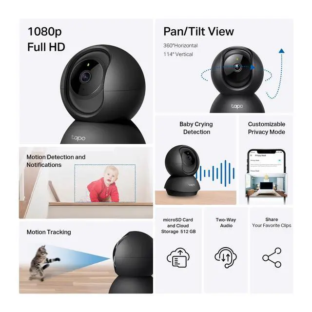 Alt view image 2 of 7 - 1080P Indoor Pan/Tilt Wired Security Camera - Works as a Baby & Pet Monitor, Motion Detection, 2-Way Audio, Siren, Night Vision, Subscription-Free Local Storage or Optional Cloud, Black, C201