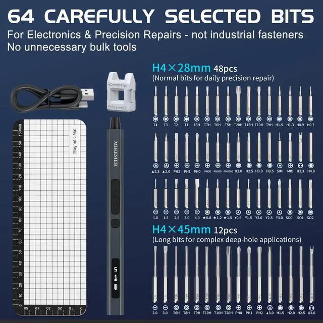 Alt view image 6 of 7 - 3.7V Mini Electric Screwdriver, Precision Screwdriver Set, Cordless Electric Screwdriver Kit with Digital Display, 5 Torque Levels, 64 Magnetic Bits, Compact Repair Tool Kit for Electronics