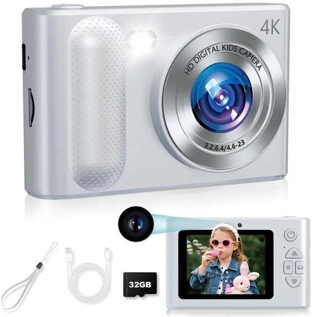 Main image of Digital Camera, 48MP Kids Camera 1080P Dual Lens Cmopact Camera with Fill Light, Portable Camera with 32GB SD Card, Small Digital Camera for Kids Teens Boys and Girls(Sliver