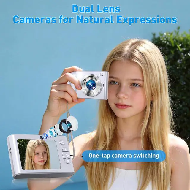 Alt view image 3 of 7 - Digital Camera, 48MP Kids Camera 1080P Dual Lens Cmopact Camera with Fill Light, Portable Camera with 32GB SD Card, Small Digital Camera for Kids Teens Boys and Girls(Sliver
