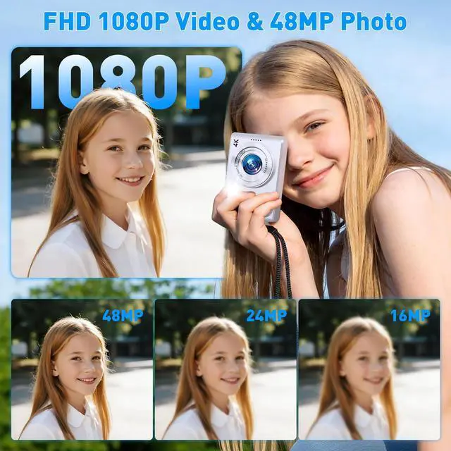 Alt view image 2 of 7 - Digital Camera, 48MP Kids Camera 1080P Dual Lens Cmopact Camera with Fill Light, Portable Camera with 32GB SD Card, Small Digital Camera for Kids Teens Boys and Girls(Sliver