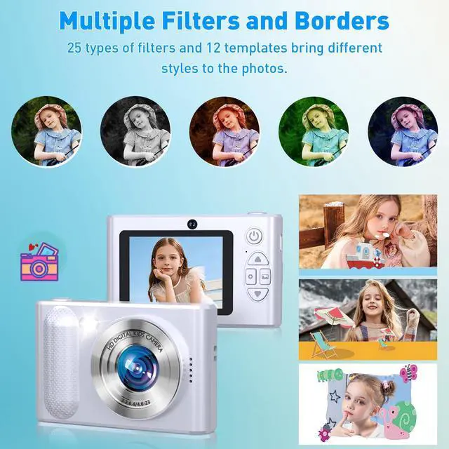 Alt view image 6 of 7 - Digital Camera, 48MP Kids Camera 1080P Dual Lens Cmopact Camera with Fill Light, Portable Camera with 32GB SD Card, Small Digital Camera for Kids Teens Boys and Girls(Sliver