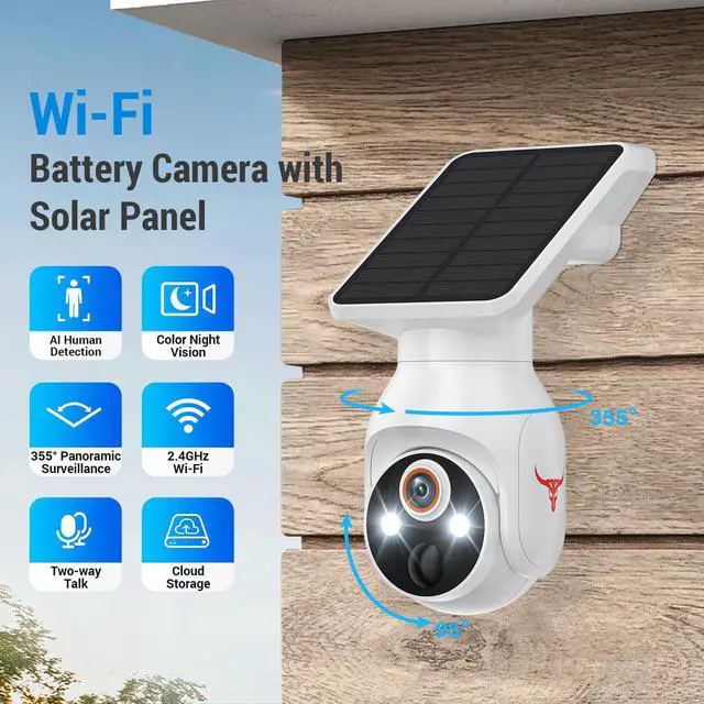 Alt view image 2 of 7 - 1080p Security Camera Wireless with Solar Panel, AI Human Detection, 2-Way Audio, Color Night Vision, 2.4G WiFi Only, Cloud Storage (Sold Separately), Indoor/Outdoor Surveillance Bullet Cam (WiFi)