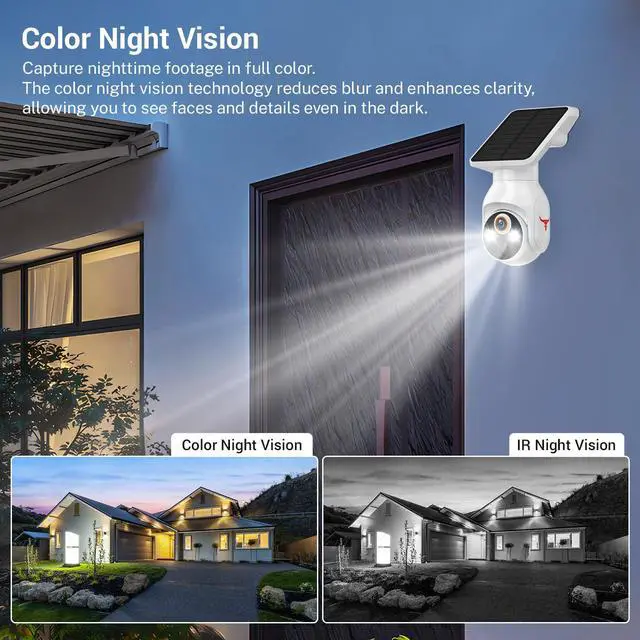 Alt view image 5 of 7 - 1080p Security Camera Wireless with Solar Panel, AI Human Detection, 2-Way Audio, Color Night Vision, 2.4G WiFi Only, Cloud Storage (Sold Separately), Indoor/Outdoor Surveillance Bullet Cam (WiFi)