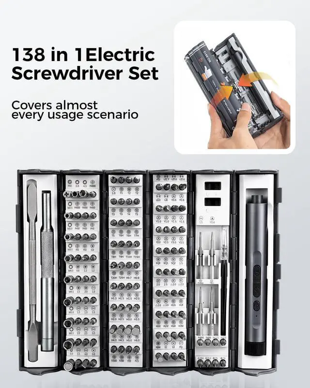 Alt view image 2 of 7 - VMAN Electric Screwdriver Kit, 138 in 1 Precision Electric Screwdriver, 120 S2 Metal Magnetic Bits, LED Light, 3.7V Rated Voltage, Repair Tool Kit for Phone Watch Camera Laptop PC,Grey