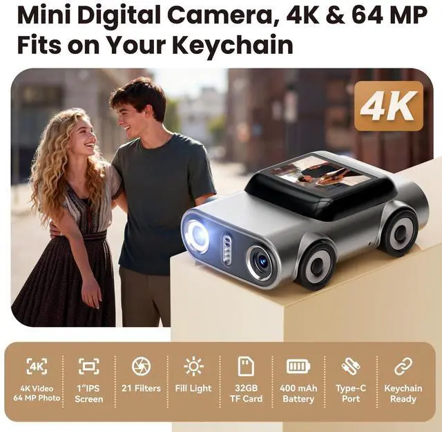 Alt view image 2 of 6 - Mini Keychain Digital Camera:4K Digital Car Shape Tiny Camera with 32GB Card, 64MP Pocket Video Camera, 1" HD Display, 400mAh Battery Portable Small Cameras with Elegant Gift Box for Travel,Kids,Gifts