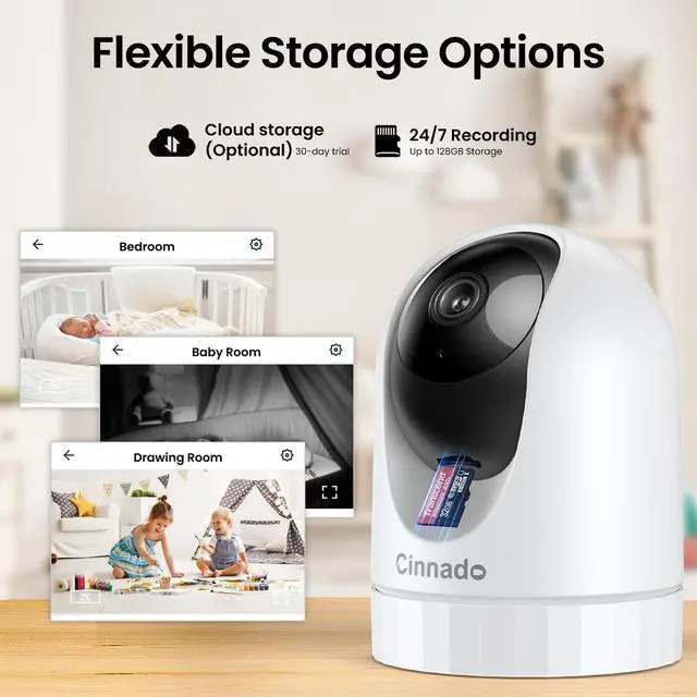 Alt view image 6 of 7 - Cinnado Security Camera Indoor-2K 360° WiFi Cameras for Home SecurityPet/Dog/Baby Camera with Phone app, 2-Way Audio, Night Vision, 24/7 SD Card Storage, Works with Alexa & Google Home (2.4Ghz)-D1