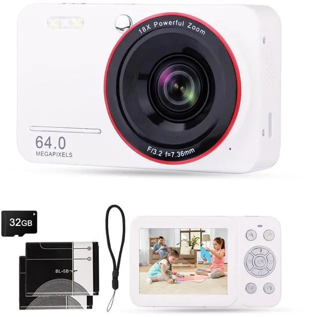 Main image of 4K Digital Camera for Kids Ages 7-12, 64MP Point and Shoot Digital Camera for Vlogging with 32GB SD Card, Autofocus 18X Zoom Compact Portable Camera for Boys Girls Teens Adult Beginners, 2 Batteries
