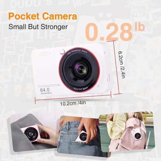 Alt view image 5 of 7 - 4K Digital Camera for Kids Ages 7-12, 64MP Point and Shoot Digital Camera for Vlogging with 32GB SD Card, Autofocus 18X Zoom Compact Portable Camera for Boys Girls Teens Adult Beginners, 2 Batteries
