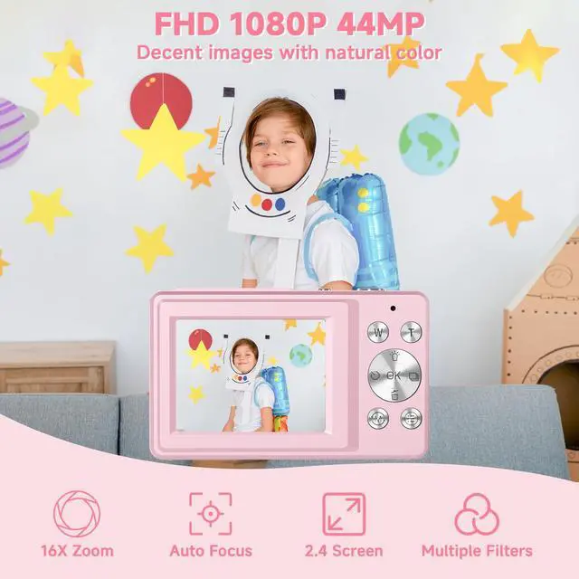 Alt view image 2 of 7 - Digital Camera, 44MP Compact Camera, FHD 1080P Point and Shoot Digital Cameras with 16X Zoom, Face Detect, Smile Capture, Anti Shake, for Boys Girls Teens Gifts (Pink)