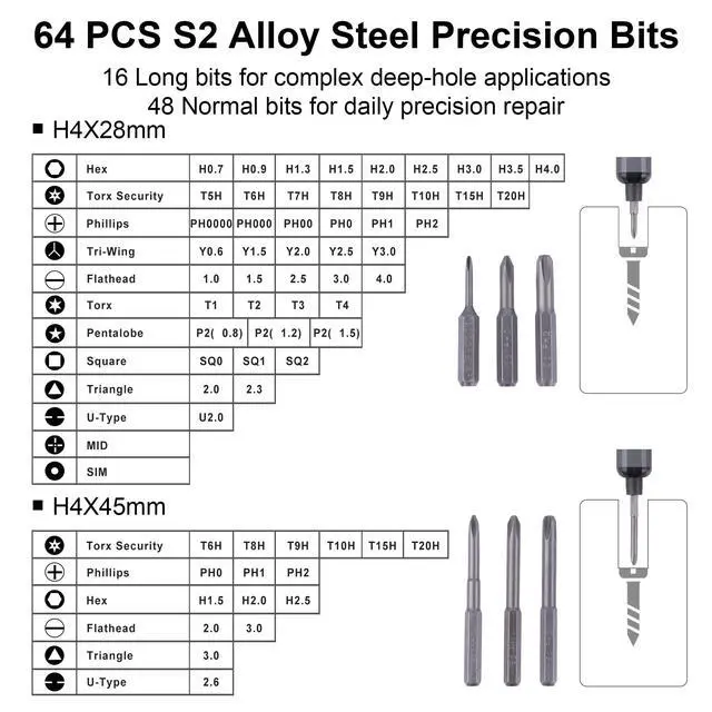 Alt view image 6 of 7 - Mini Electric Screwdriver Set, 69 in 1 Small Electric Precision Screwdriver Set - 64 S2 Magnetic Bits, 5 Torque Settings, 4 LED Lights, Mini Electric Screwdriver Repair Kit for Computer Campera Phone