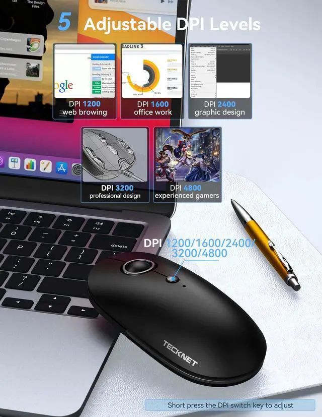 Alt view image 5 of 7 - TECKNET Computer Mouse, 2.4Ghz Silent USB-A Wireless Mouse, 4800 DPI Ambidextrous Quiet Click for Travel, Slim Portable Wireless Mice Compatible with PC Laptop MacBook (Black & Grey)
