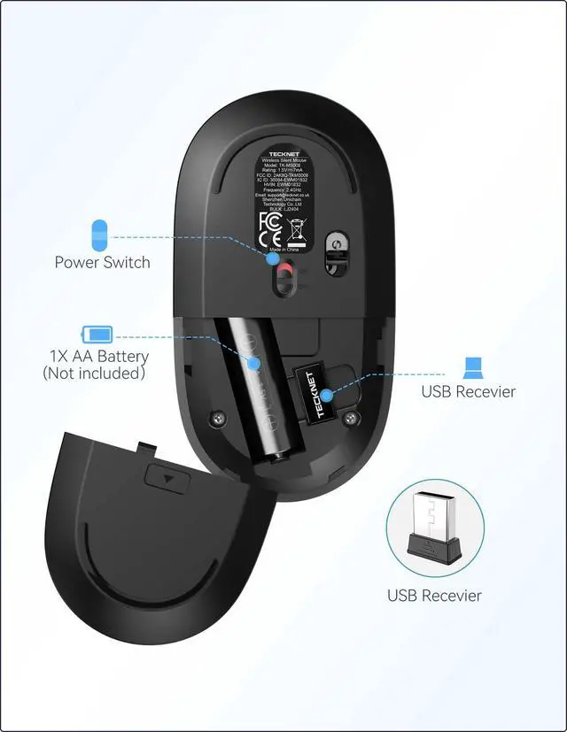 Alt view image 7 of 7 - TECKNET Computer Mouse, 2.4Ghz Silent USB-A Wireless Mouse, 4800 DPI Ambidextrous Quiet Click for Travel, Slim Portable Wireless Mice Compatible with PC Laptop MacBook (Black & Grey)