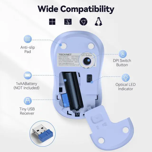 Alt view image 7 of 7 - TECKNET Wireless Mouse for Laptop, 2.4G Silent Computer Mouse Quiet Click with 5 DPI Levels,Contoured Grip,Small Portable 30 Months Battery Cordless Mice for PC, Chromebook, Mac - Light Blue