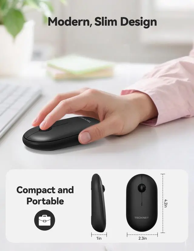 Alt view image 3 of 7 - TECKNET Bluetooth Mouse, 2.4G USB-A Compact and Portable Mouse for Laptop 2 Modes(BT3.0/5.0+2.4Ghz), Silent Slim Clicks with USB Receiver, Compatible with PC, Chromebook, Mac - Black