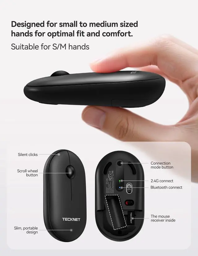 Alt view image 7 of 7 - TECKNET Bluetooth Mouse, 2.4G USB-A Compact and Portable Mouse for Laptop 2 Modes(BT3.0/5.0+2.4Ghz), Silent Slim Clicks with USB Receiver, Compatible with PC, Chromebook, Mac - Black