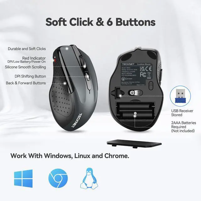 Alt view image 5 of 6 - TECKNET Wireless Mouse, 2.4G Ergonomic Optical Mouse, Computer Mouse for Laptop, PC, Computer, Chromebook, Notebook, 6 Buttons, 24 Months Battery Life, 2600 DPI, 5 Adjustment Levels - Grey