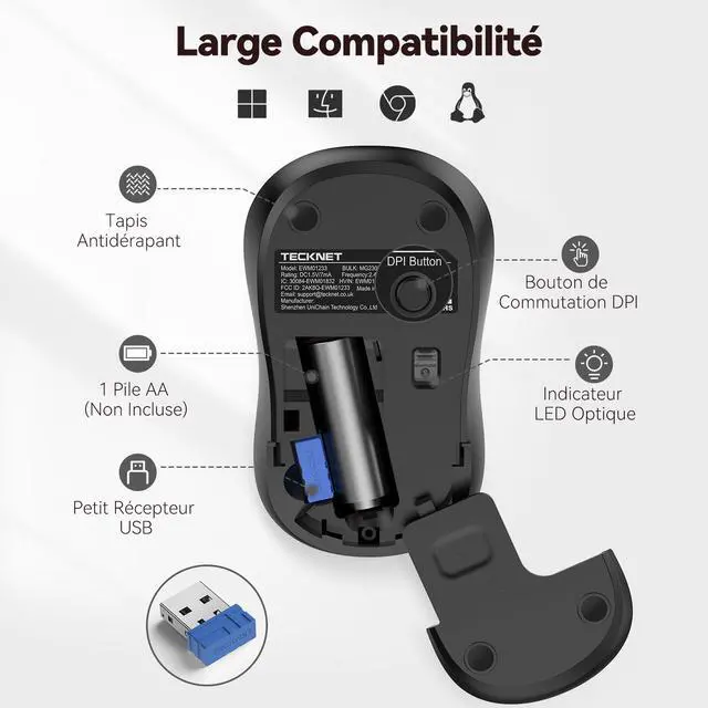 Alt view image 7 of 7 - TECKNET Wireless Mouse for Laptop, 2.4G Silent Computer Mouse Quiet Click with 5 DPI Levels,Contoured Grip,Small Portable 30 Months Battery Cordless Mice for PC, Chromebook, Mac