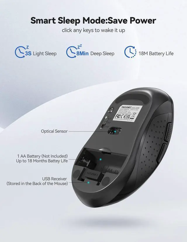 Alt view image 6 of 7 - TECKNET Wireless Mouse for Laptop, 2.4G Ergonomic Optical Mouse Silent Bluetooth Mouse(BT5.0) 4000DPI Adjust, Computer Portable PC Quiet Mice with USB-A Receiver & 6 Buttons for Mac, 18 Months Battery