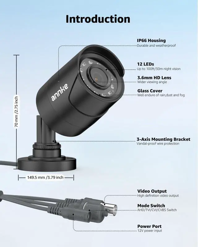 Alt view image 7 of 7 - 1080p Security Camera 4-in-1 CCTV Bullet Wired Cam, AHD/TVI/CVI/CVBS, Analog Surveillance Video Add-On Black Camera for Outdoor Use, 100ft Clear Night Vision (Power Adapter Not Included) - E200