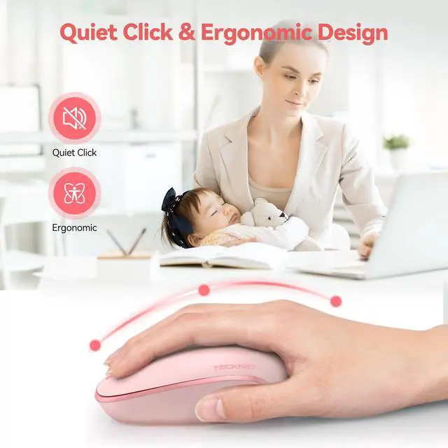 Alt view image 3 of 7 - TECKNET Wireless Mouse, 2.4G Quiet Computer Mouse with USB Receiver, 4 Buttons Portable Cordless Mice for Chromebook, Laptop, PC, Mac, 800/1200/1600 DPI - Pink